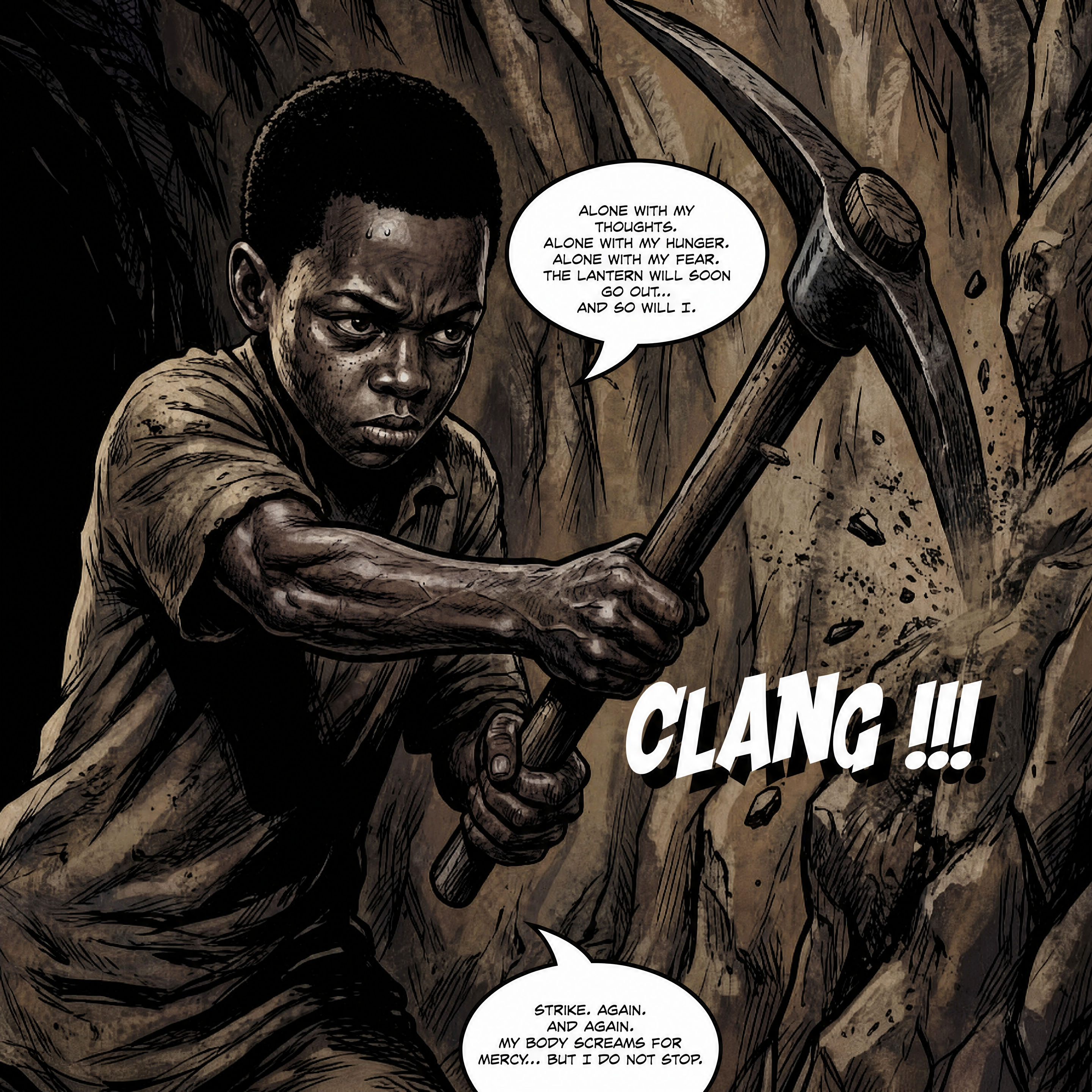 A page from the book: Amani swinging a pickaxe at the rock face by lantern light.