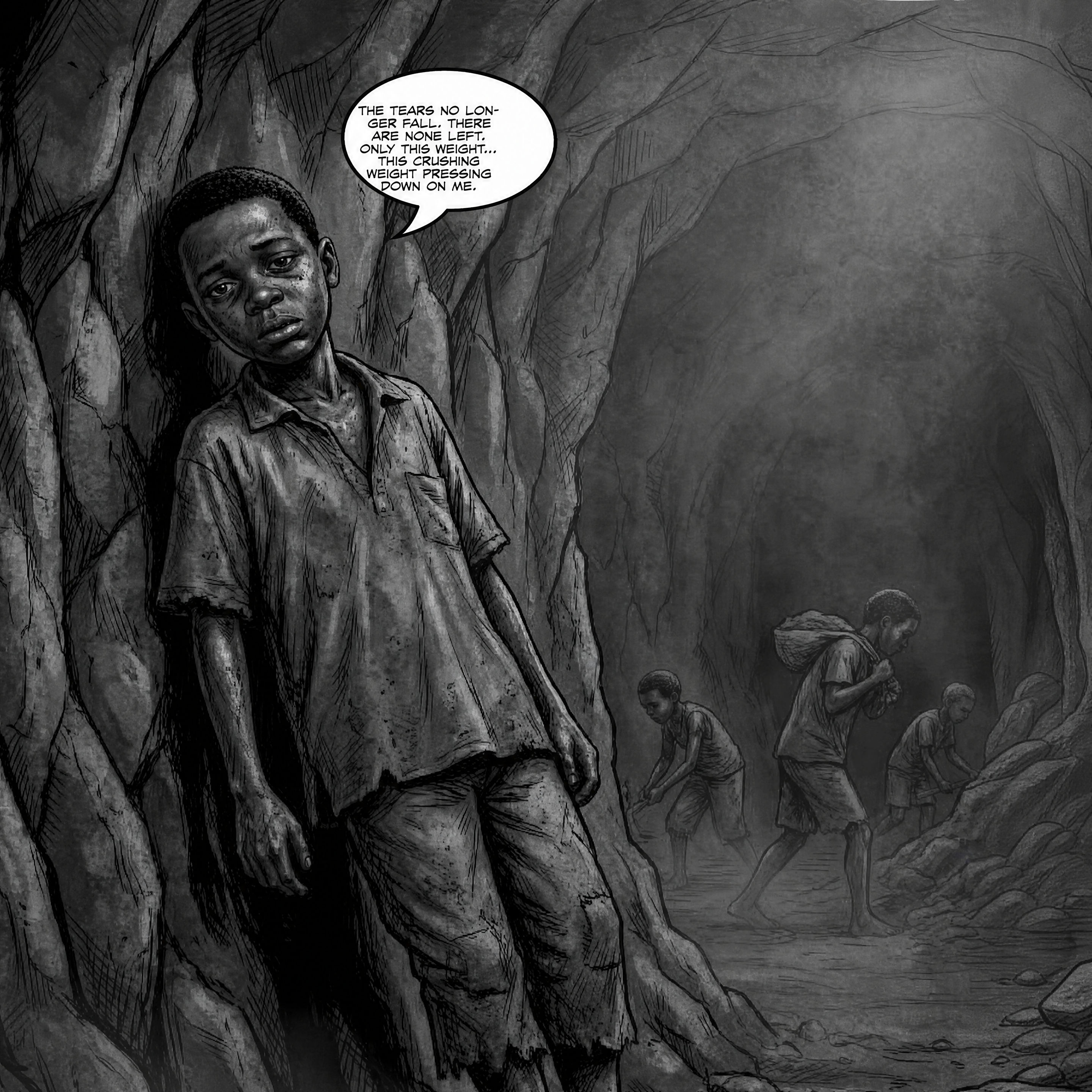 A page from the book: Amani stands alone in the mine, other workers behind him in the dark.