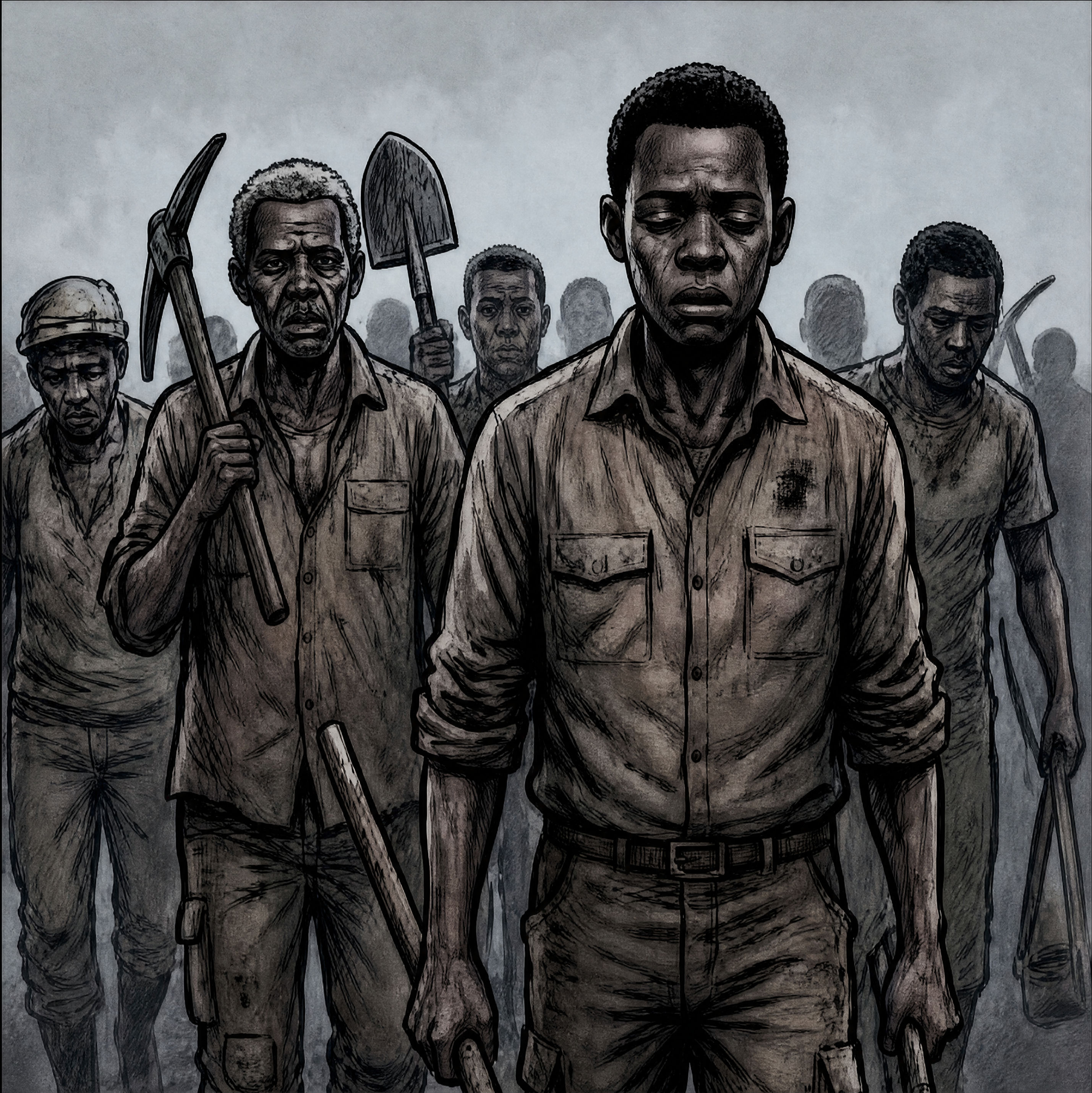 A page from the book: miners standing together facing the reader, tools on their shoulders.