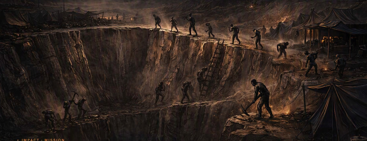 An open pit worked by hand: figures on ladders and terraces, sacks carried up, tents and fires along the rim.