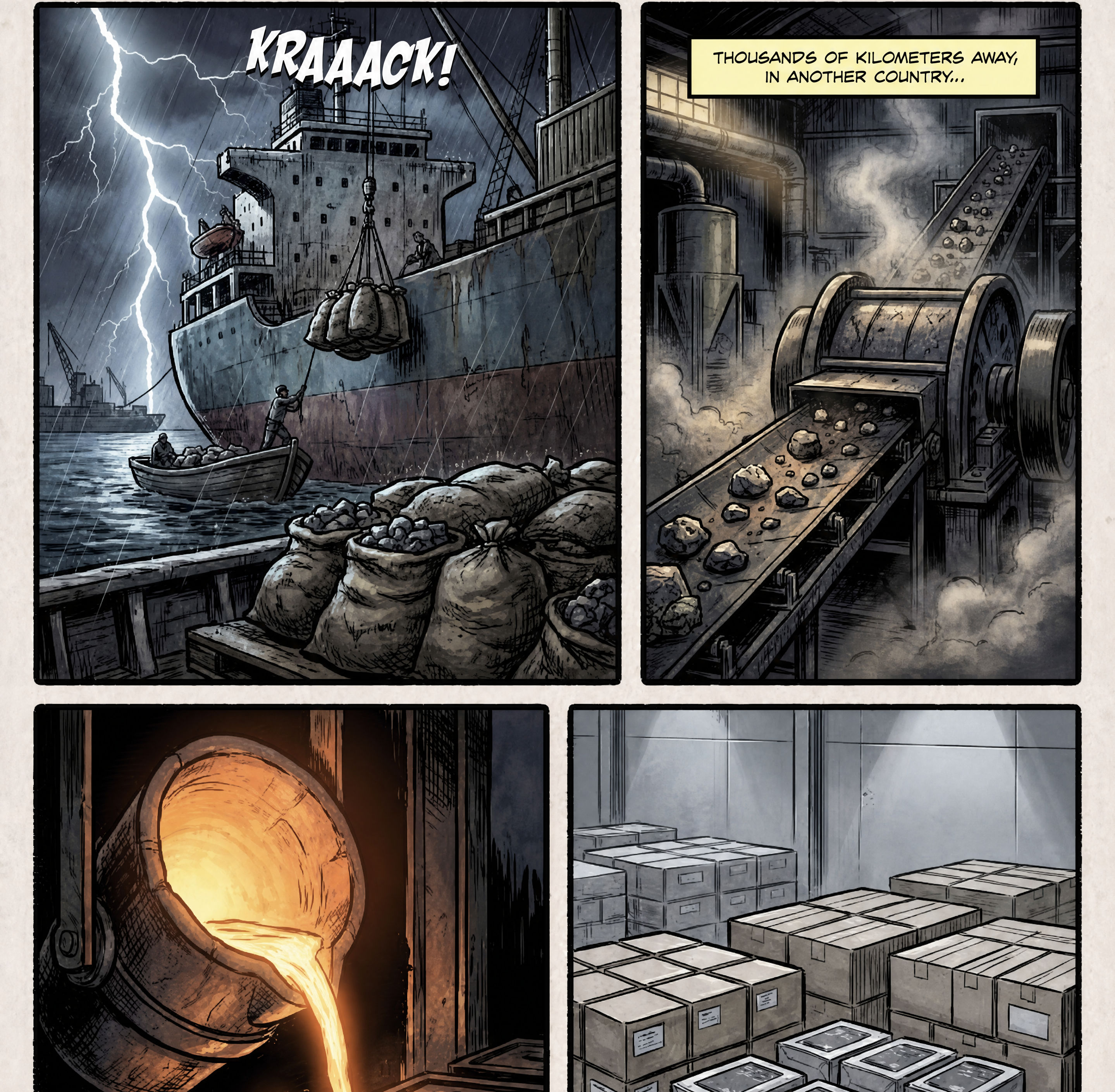 Pages from the book: sacks loaded onto a cargo ship, a processing mill, molten metal poured, and finished cases stacked in a warehouse.