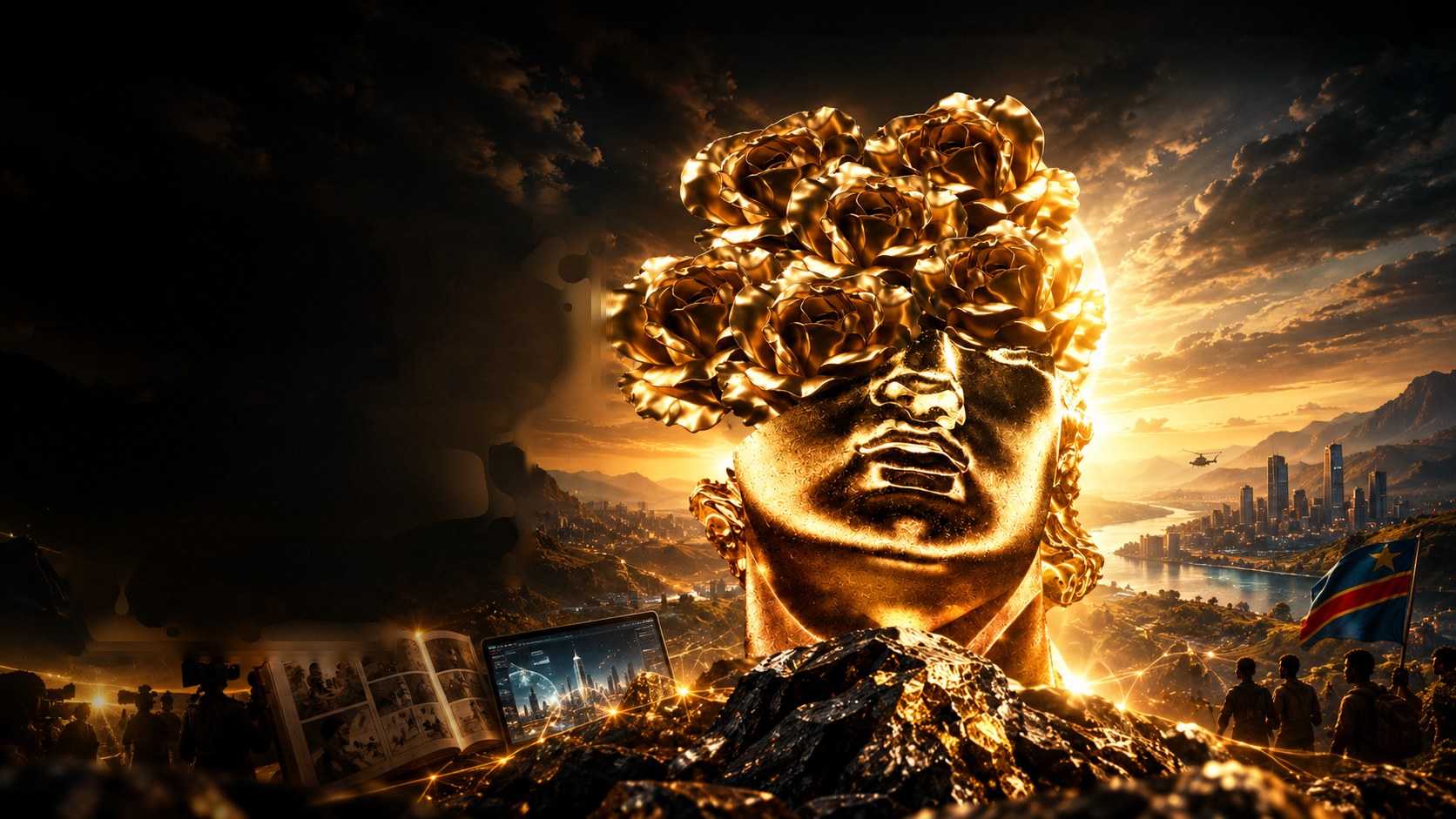The Kingdom of Legends emblem — a gilded head crowned with gold roses — standing on raw ore above a river valley, with a lit city, a film crew, and the book open beside a screen.