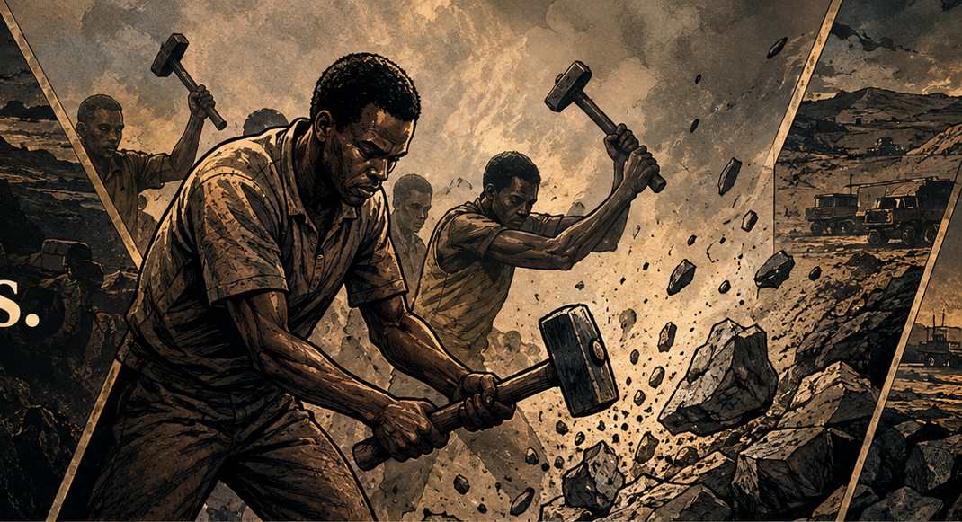 Miners breaking rock at the face, sledgehammers raised, debris flying — the mining scene from the Partnerships artwork.