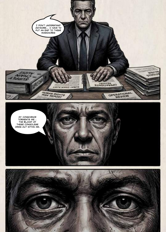 Pages from the book: an executive at his desk with reports in front of him, and a close study of his eyes.