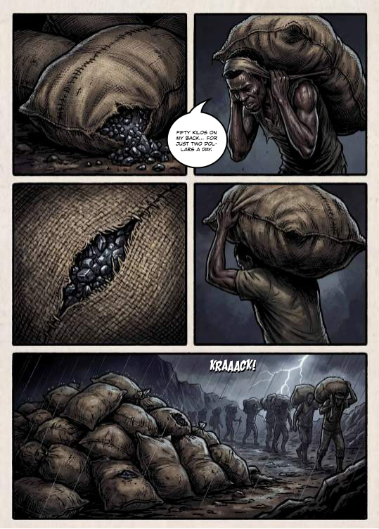 Pages from the book: ore loaded into sacks and carried out on men's backs.