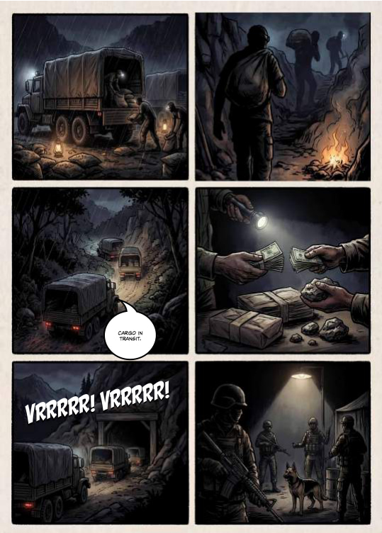 Pages from the book: a truck loaded at night and cash changing hands at a checkpoint.