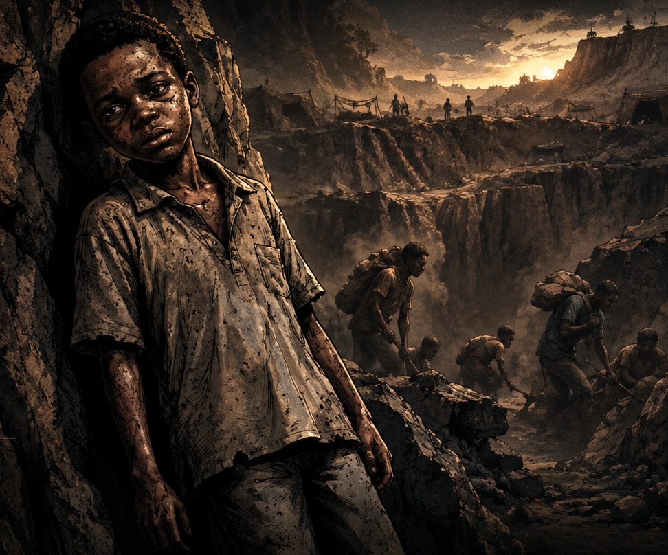 Amani, in a filthy shirt, stands against the rock wall of an open pit, workers carrying sacks behind him and the camp burning on the rim at dusk.